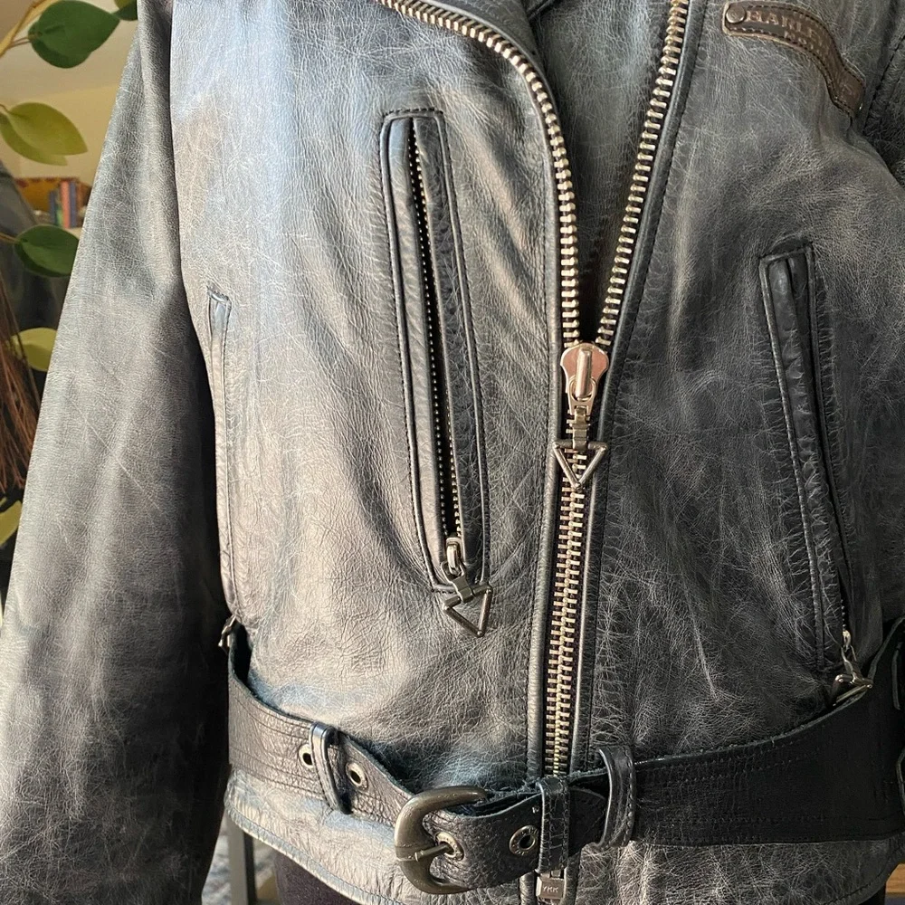 Womens distressed Harley Davidson leather moto jacket corset belt grey marled l - Picture 11 of 16